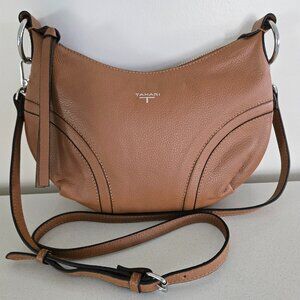 Tahari Genuine Pebbled Leather Crescent Crossbody Bag Purse Tan Adjustable Strap